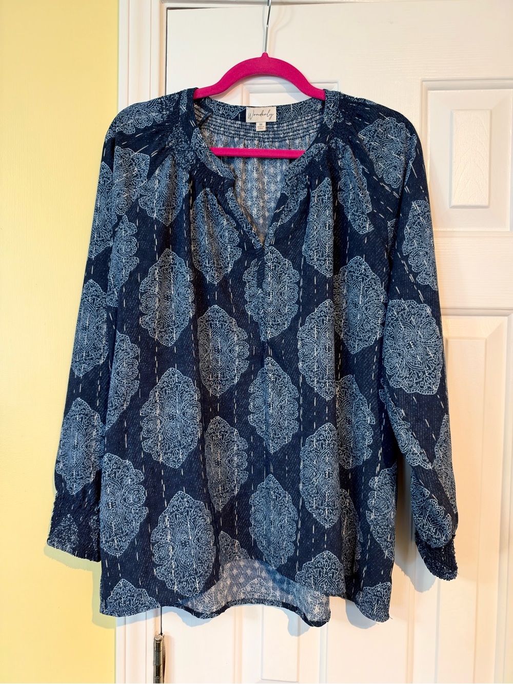 Wonderly Navy Blue Patterned Peasant Blouse